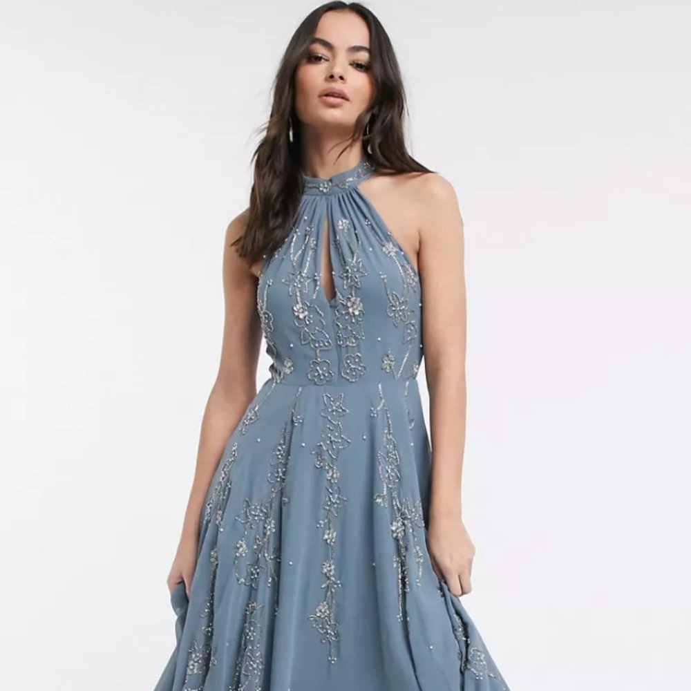 ASOS DESIGN halter midi skater dress in embellishment with flare panels in Blue